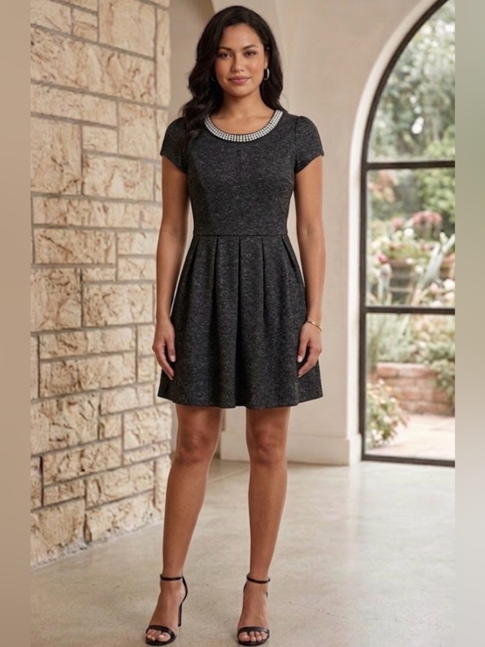 Maison Jules Black Dress with Beaded Collar Size Large